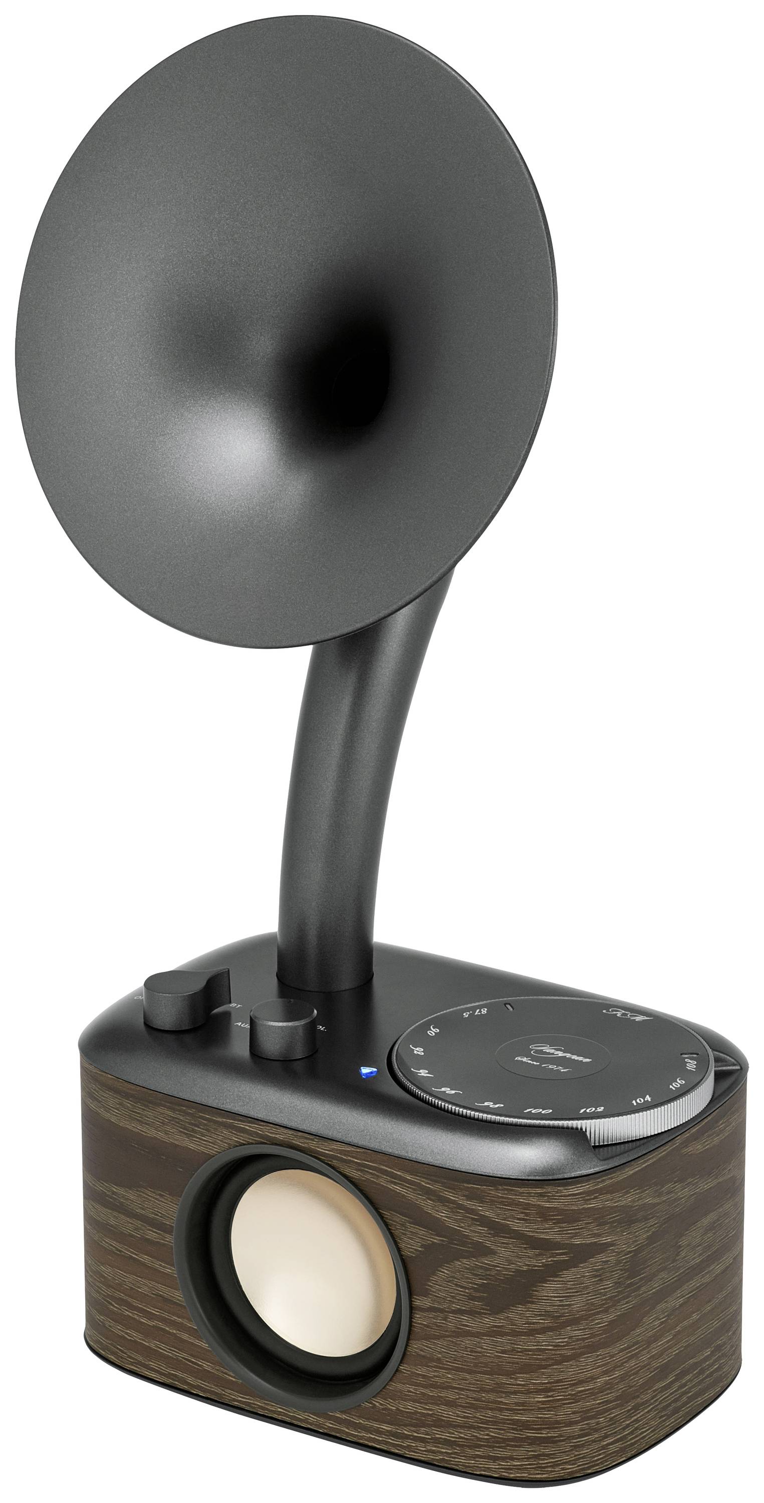 A modern loudspeaker in a retro design with a horn as a speaker cone and a wooden enclosure.
