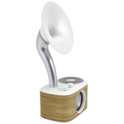 Portable speaker in a retro design with a large, horn-shaped speaker and wooden elements. Features control buttons on the top.