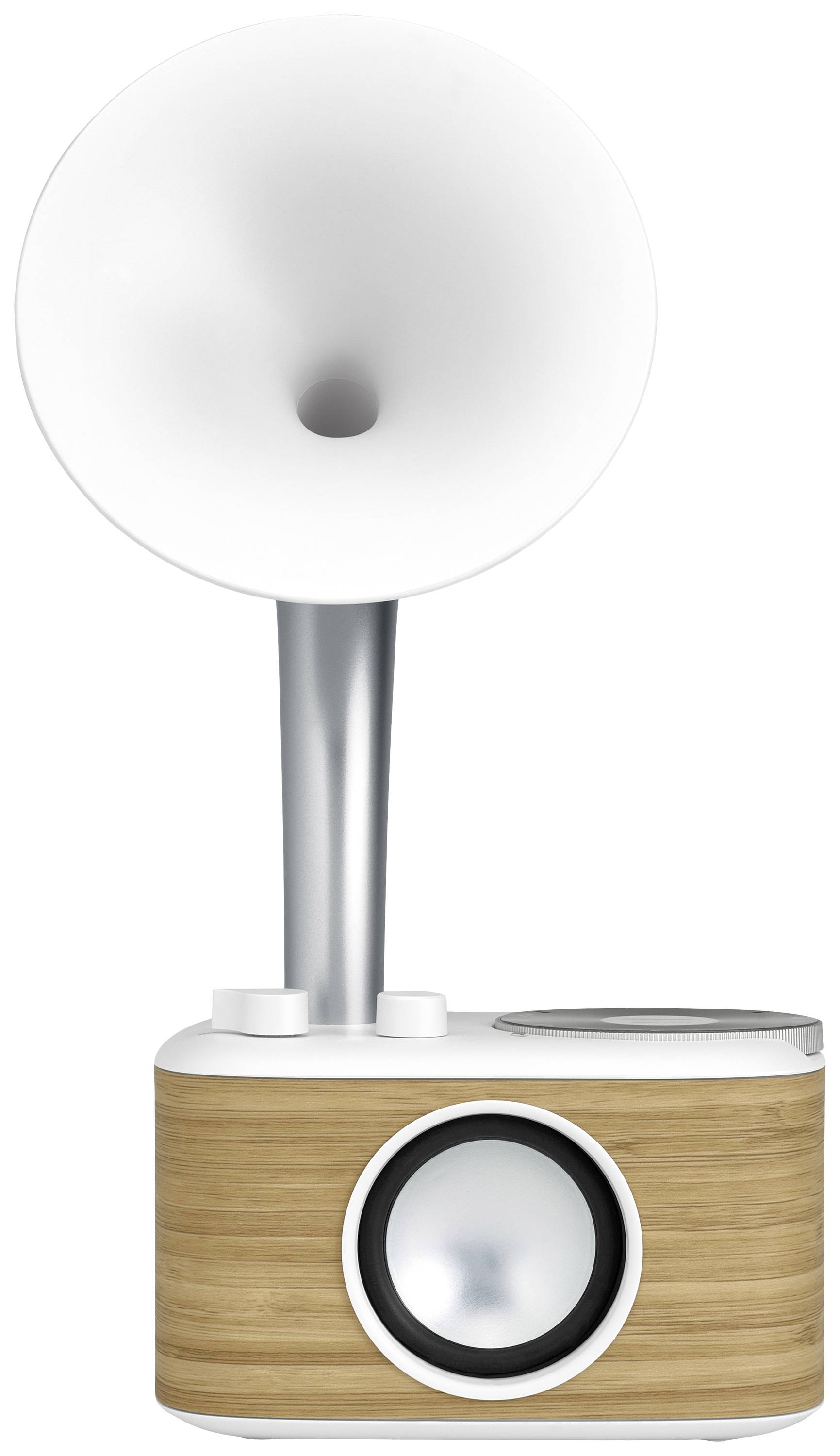 A modern music device with a retro-inspired design: white horn, wood-effect finish, speakers at the front.