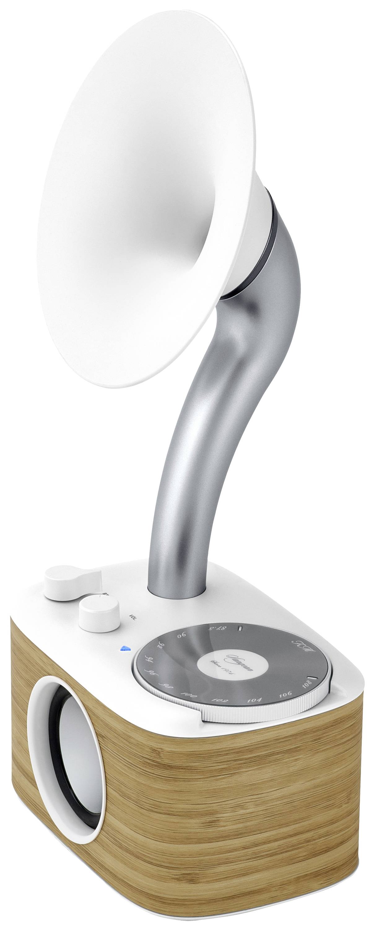 A contemporary music system in a retro style with wooden details and a white horn speaker, an analogue rotary knob, and a digital display.