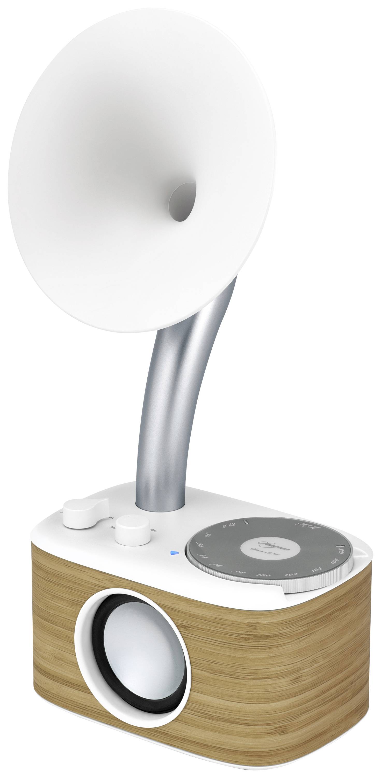 Modern loudspeaker system in a retro style with a wooden enclosure and a large white horn.