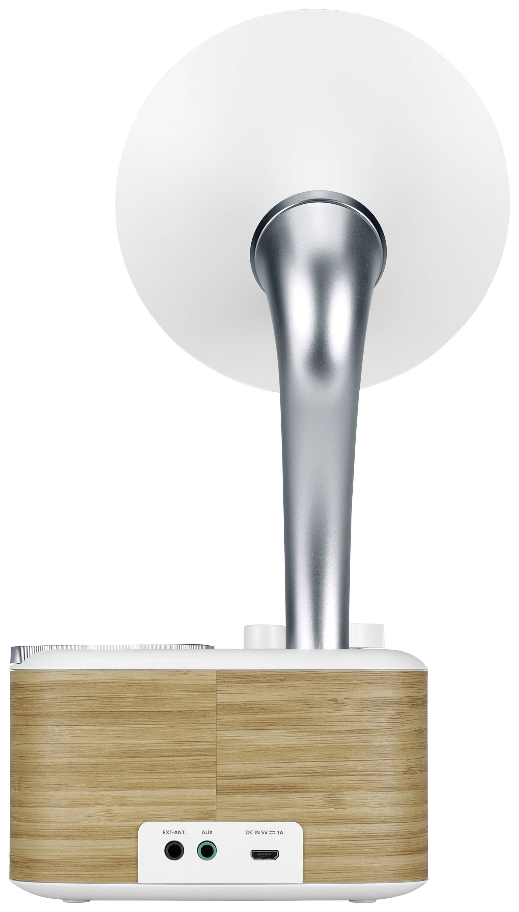 A contemporary air humidifier with wooden elements, a metal arm and white diffuser. Rear view reveals connections for power and audio.