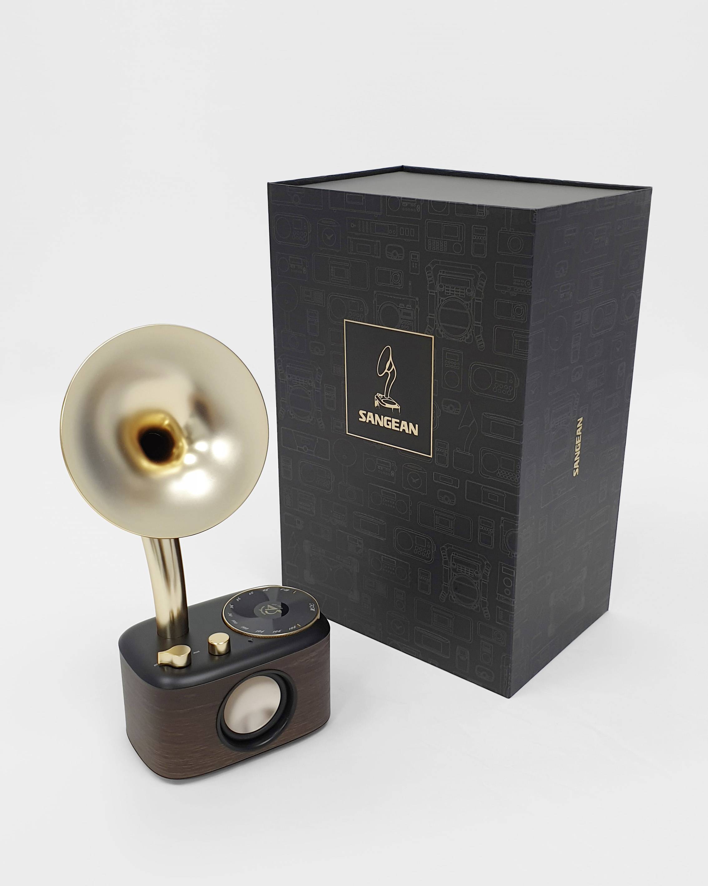 A retro speaker with a gold-coloured gramophone horn beside a black packaging featuring the Sangean brand logo.