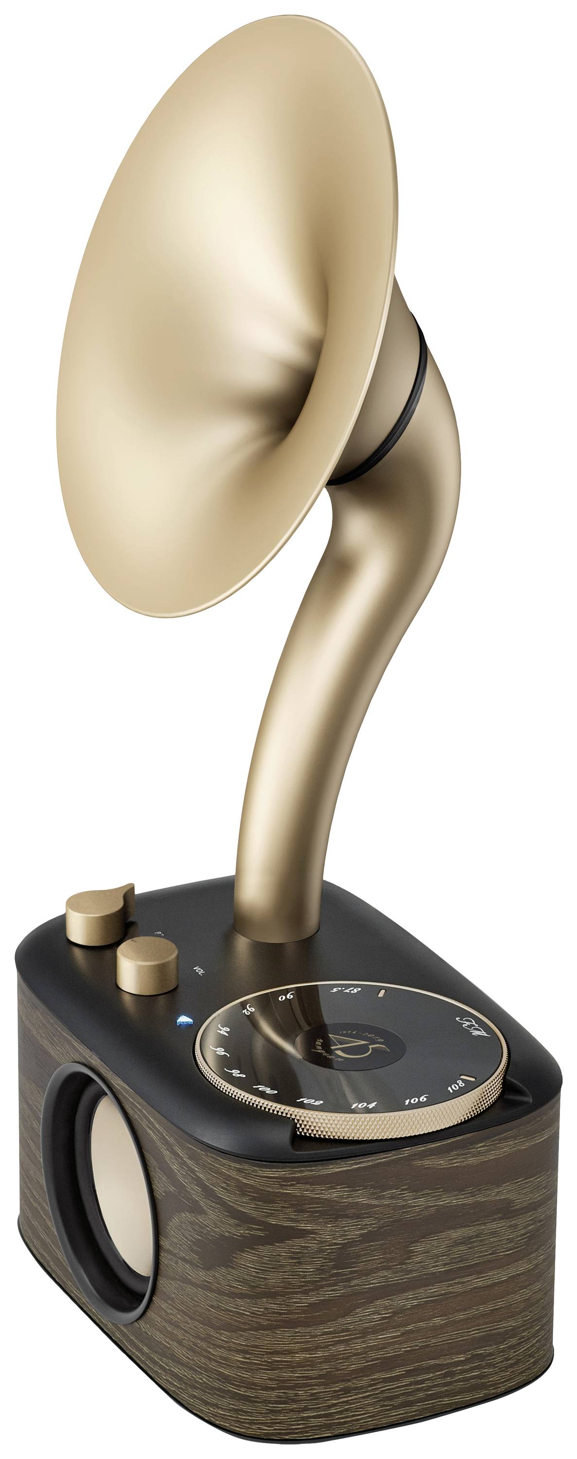 A golden gramophone speaker with a wooden base and rotary knobs. Vintage design, used as a modern Bluetooth speaker.