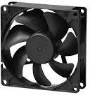 A black computer fan with five blades, mounted in a square frame, typically used for cooling electronic components.