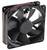 A black computer fan with five rotor blades and two power cables at the edge.