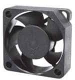 A black, square fan with five blades in a plastic frame, commonly used for cooling in electronic devices.