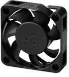A black computer fan with five blades and a square frame, used for cooling electronic devices.
