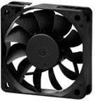 Black computer fan with multiple curved rotor blades, suitable for cooling electronic devices or PCs.