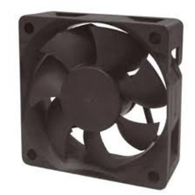 A black computer fan with five blades in a square frame, used for cooling electronic devices.