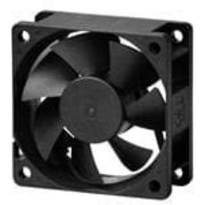 A black computer fan with five blades, mounted in a square housing. Designed for cooling in electronic devices.