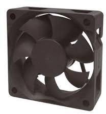 A black computer fan with four blades, installed in a square frame.