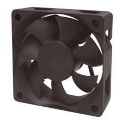 A black computer fan with four blades, installed in a square frame.