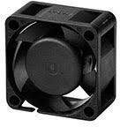 A black, square fan with four mounting holes and five rotor blades, designed for cooling electronic equipment.