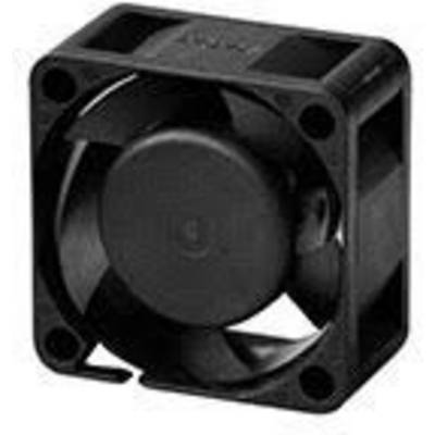 A black, square fan with four mounting holes and five rotor blades, designed for cooling electronic equipment.