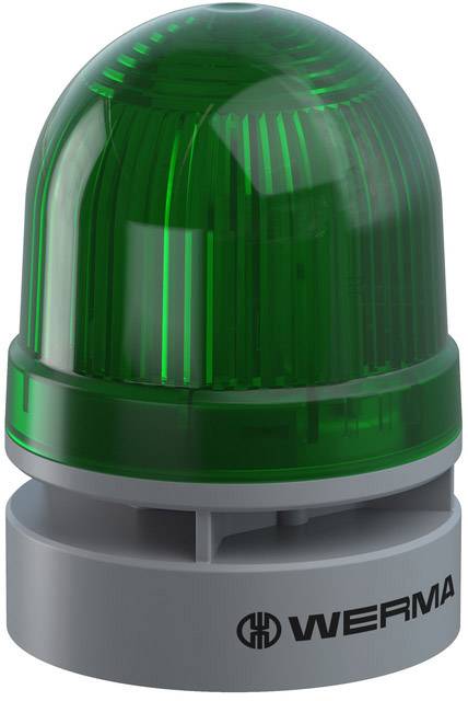 Green warning light by WERMA, cylindrical, mounted on a grey base. It is used for signalling in industrial environments.