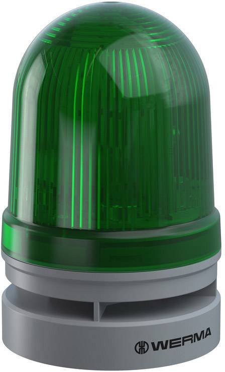 Green signal light with a round, curved housing on a grey base, indicates operational readiness, manufacturer name 'WERMA'.