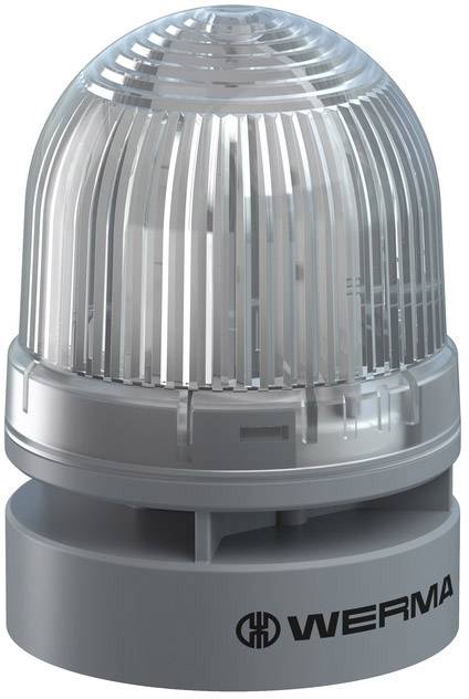 Transparent warning light with cylindrical base, ribbed glass shade and Werma logo. No indications of function or state are present.