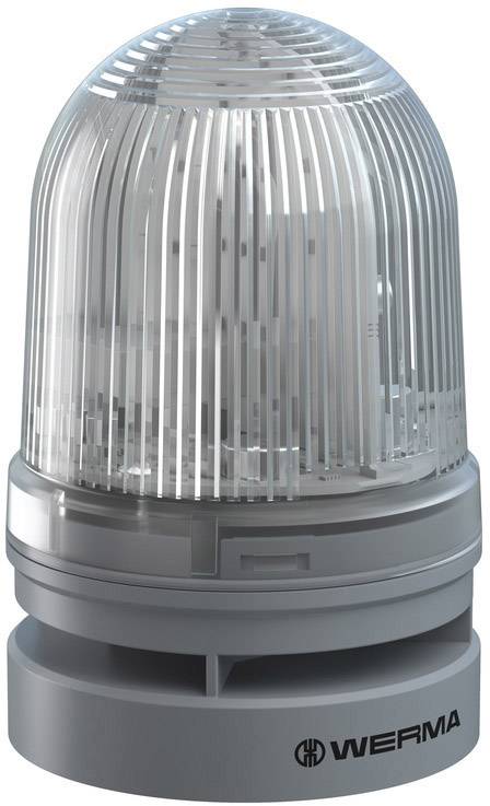 A grey, cylindrical warning light with clear grooves for use on machinery.