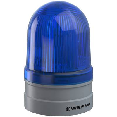 Blue all-round light with a ribbed housing, mounted on a grey cylindrical base with logo.