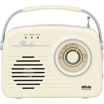 A cream-coloured retro radio with rotary controls and a speaker grille, displaying a frequency scale and connection options for AUX and USB.