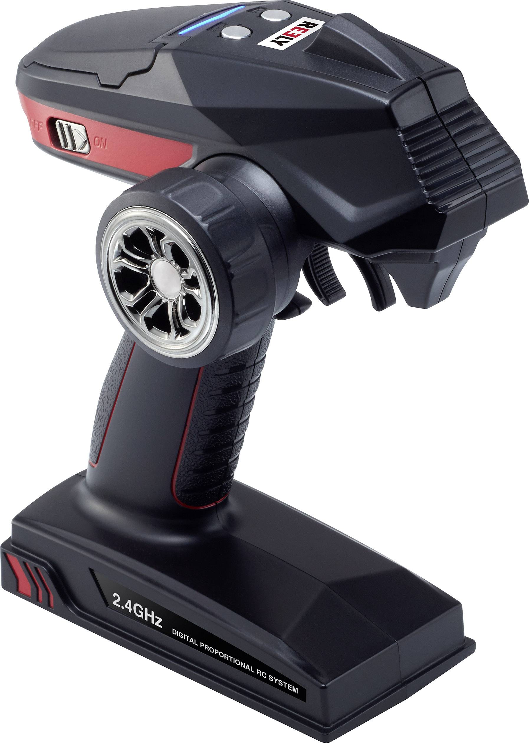 Black RC controller with red accent and silver rotary dial, labelled '2.4GHz' and 'Digital Proportional RC System'.