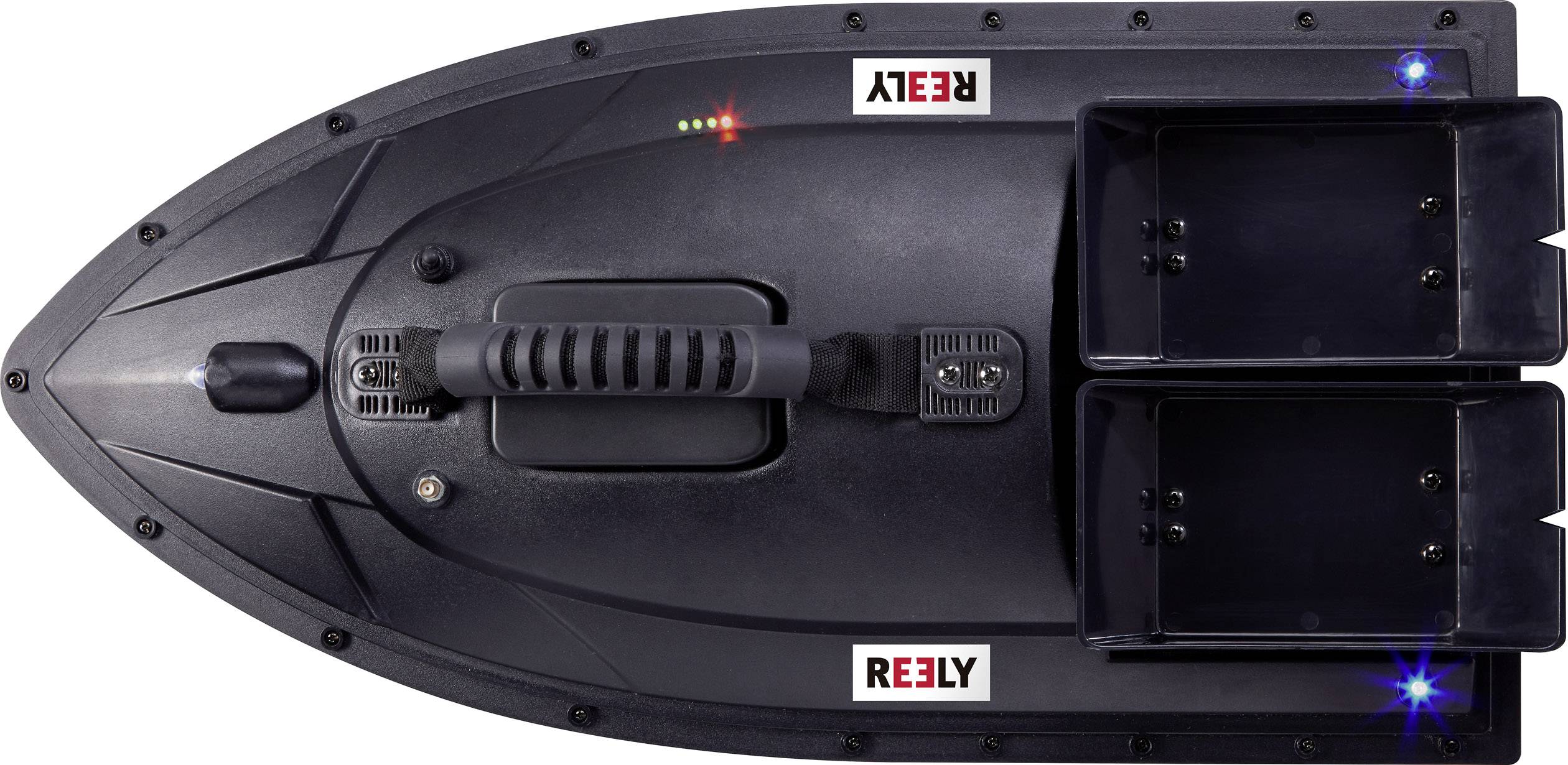Black remote-controlled boat with two containers and glowing LED lights on the top, against a white background.