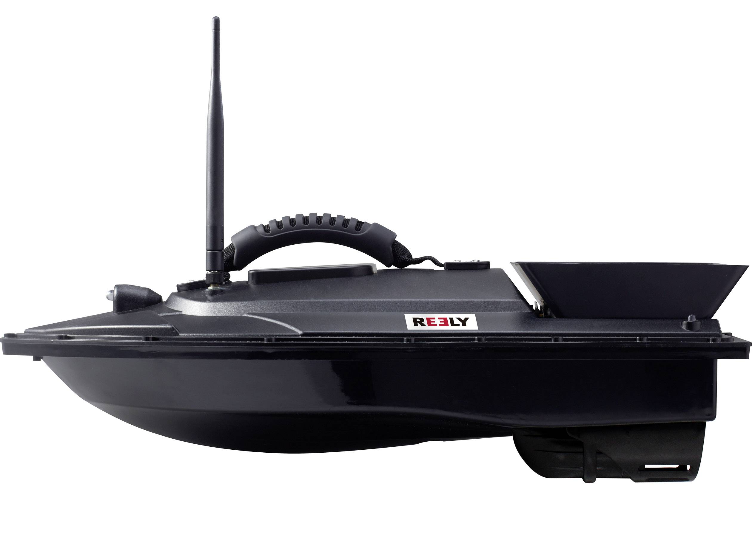 Remote-controlled black boat with an aerial, photographed at an angle from the side.