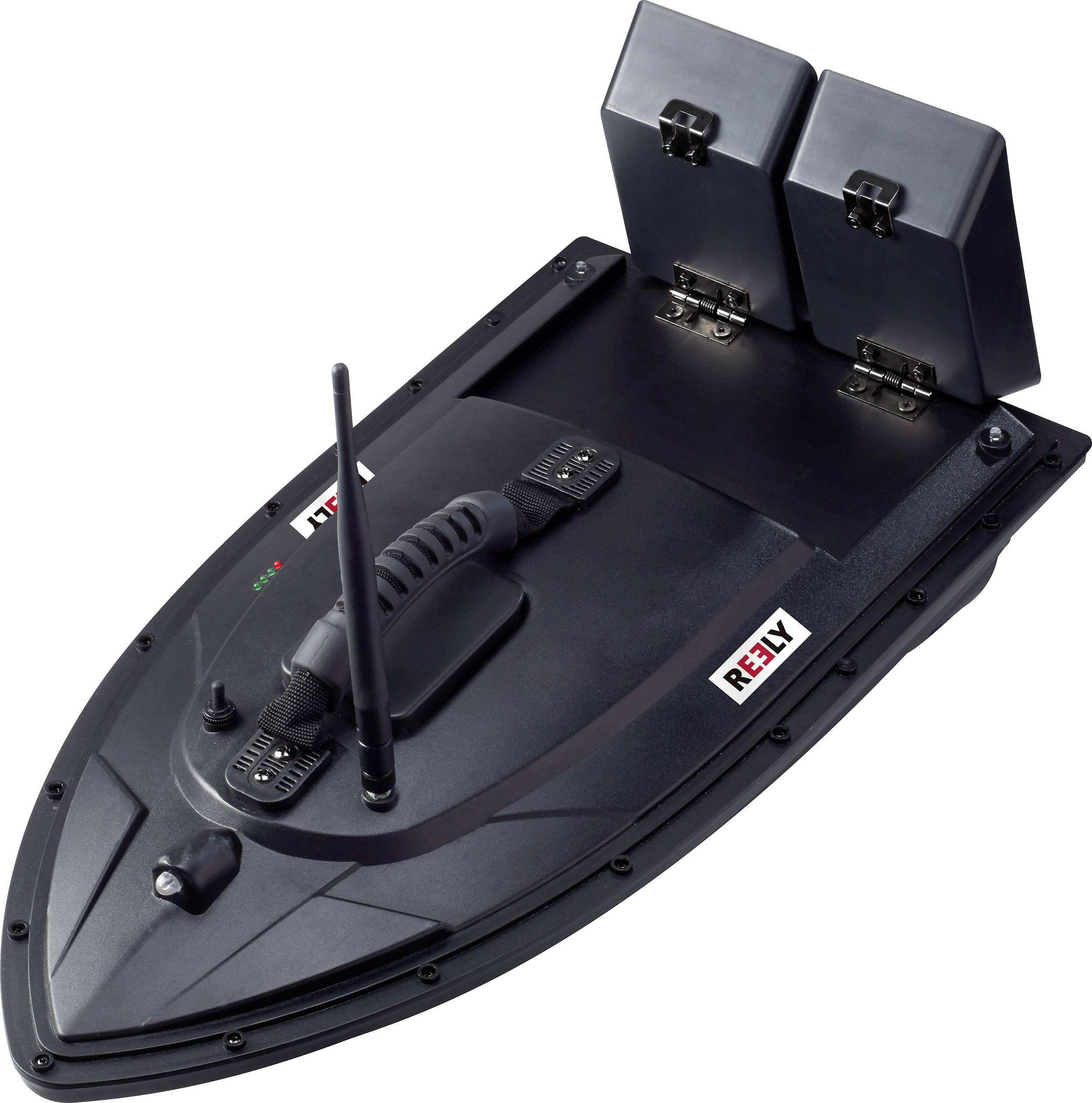 A black and grey remote-controlled fishing boat with two folding compartments and an aerial on the top, used for bait delivery when fishing.