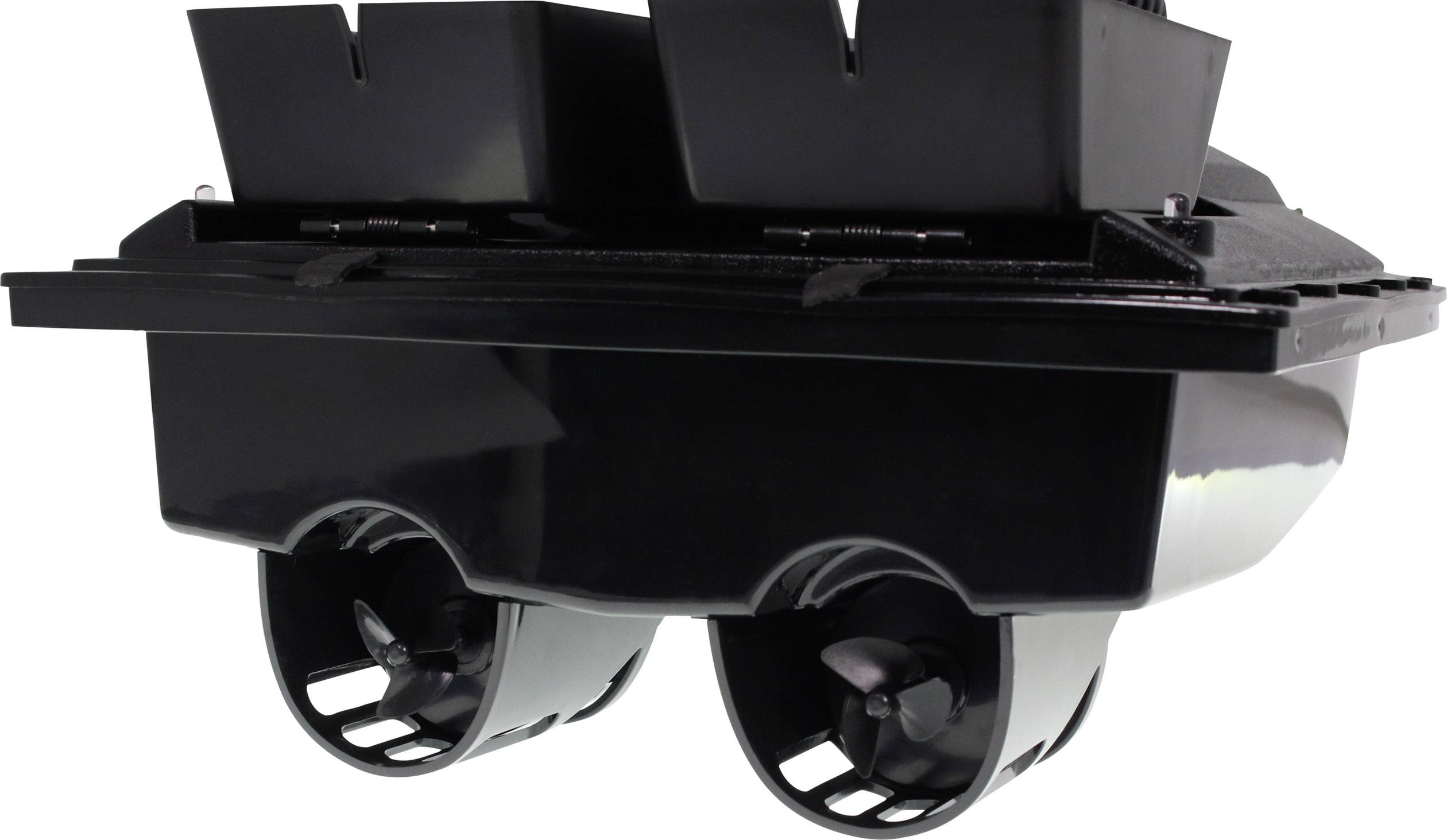 Black bait boat with two propellers at the bottom edge. Used for precise bait delivery when fishing.