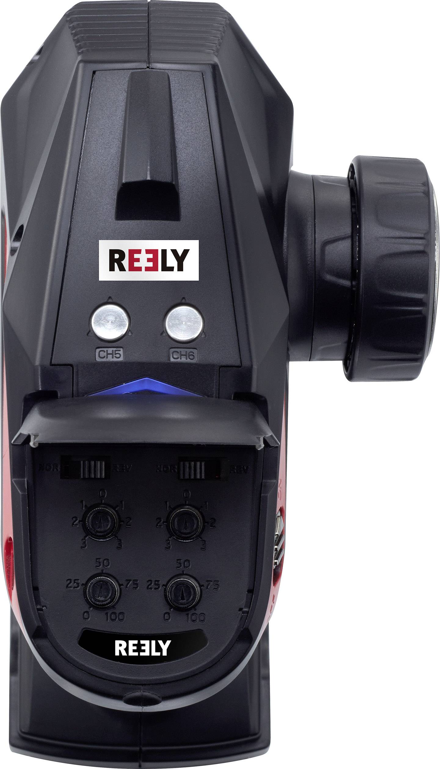 Remote control for a model car viewed from above; black casing with red accents and marking 'REE3Y'.
