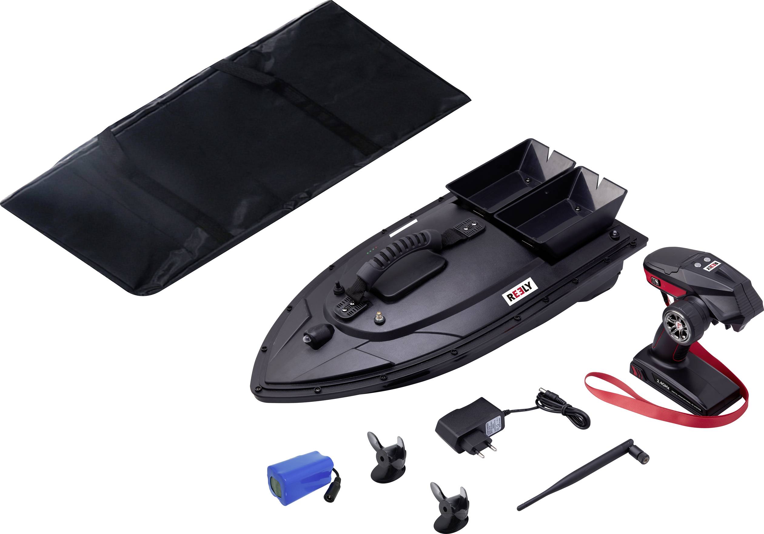 Remote-Controlled Boat Set: black boat, remote control, two compartments, cover, charger, antenna, blue battery and two adapters.