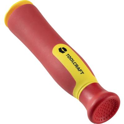 A red screwdriver handle with yellow accents, 'Toolcraft' brand name visible. Ergonomically shaped for better grip.