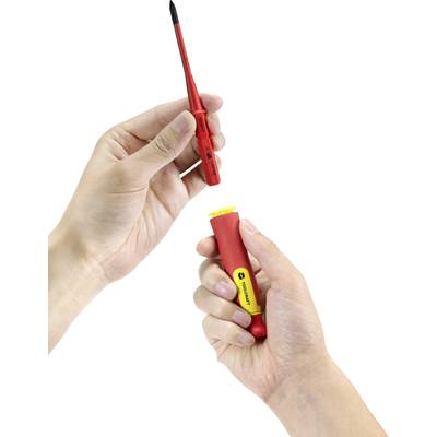 A person is holding a red screwdriver with a detachable handle. The upper hand is pointing to the screwdriver, while the lower hand is gripping the handle.