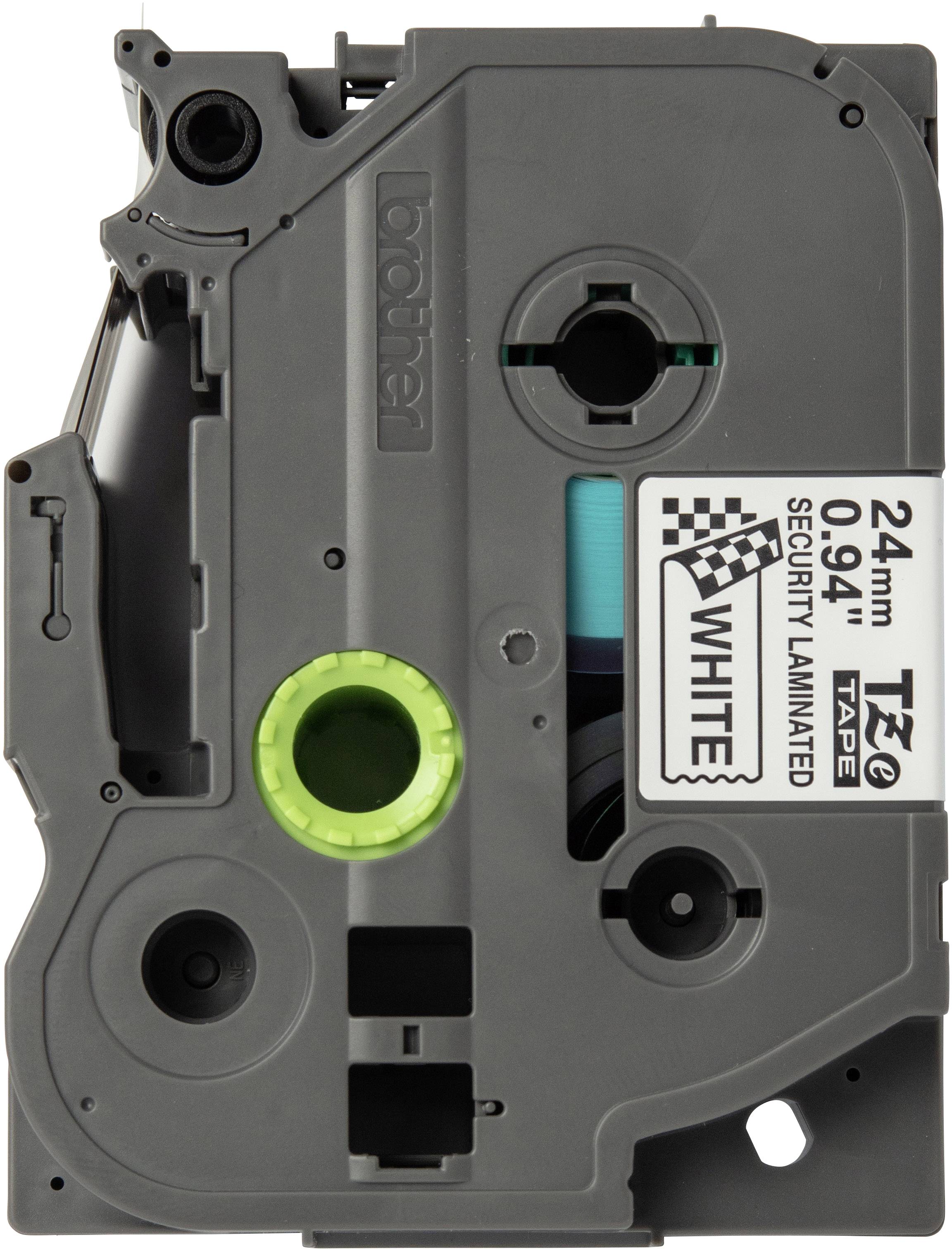 Grey TZe label cassette with inscription '24 mm White', green gear visible, suitable for Brother labelling devices.