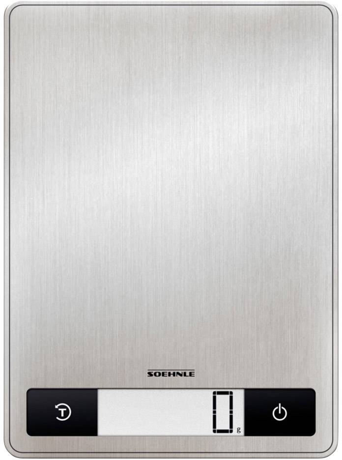 Digital kitchen scales in stainless steel finish with a display at the bottom, showing weight in grams. To the left of the back button, the power button is located on the right.