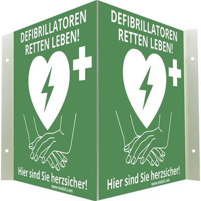 'Safety Shield shows green heart symbol with lightning and hands. Text: Defibrillators save lives! You are heart-safe here!'