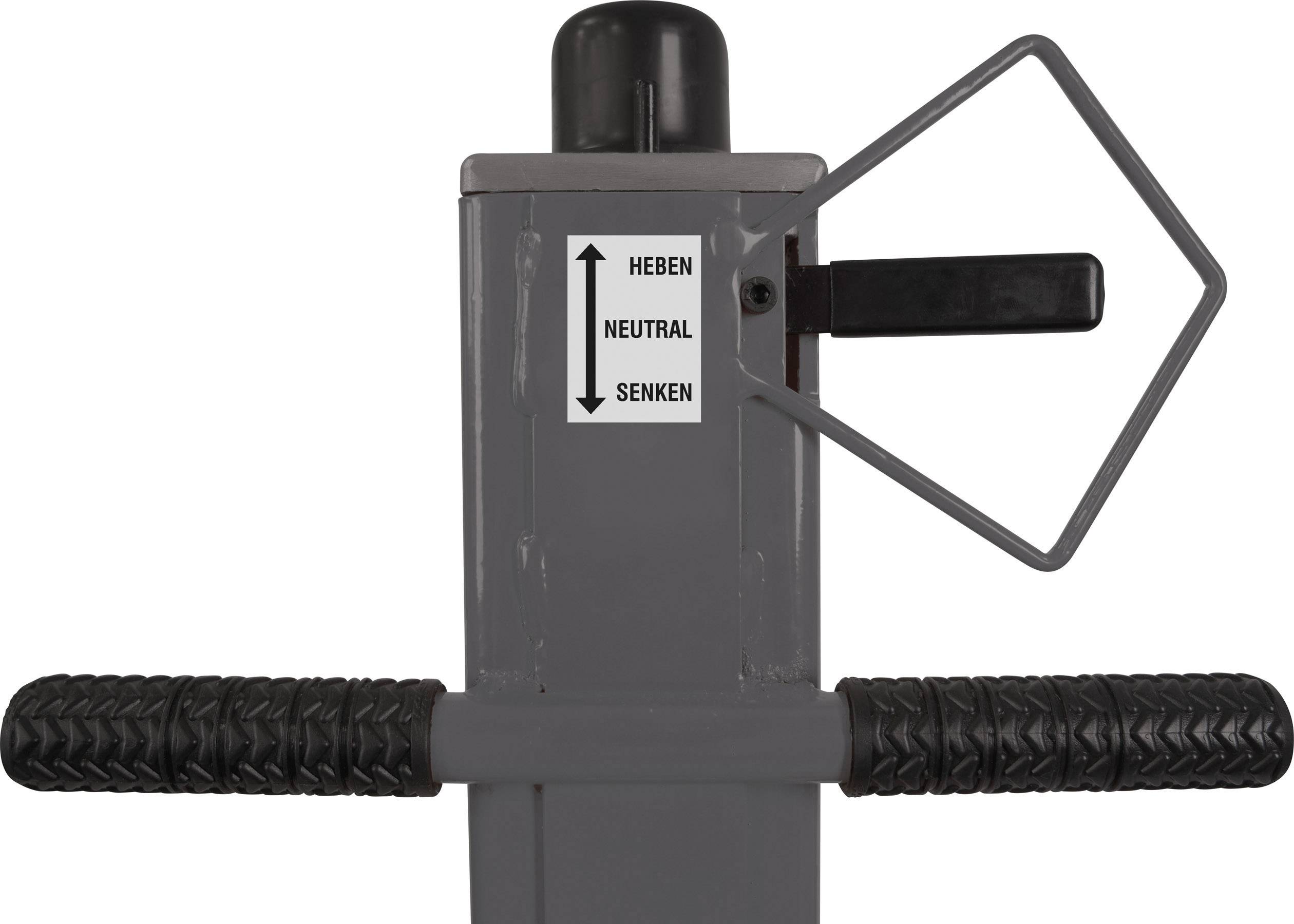 A grey lever mechanism with handles. An arrow diagram indicates three positions: 'Raise', 'Neutral' and 'Lower'.