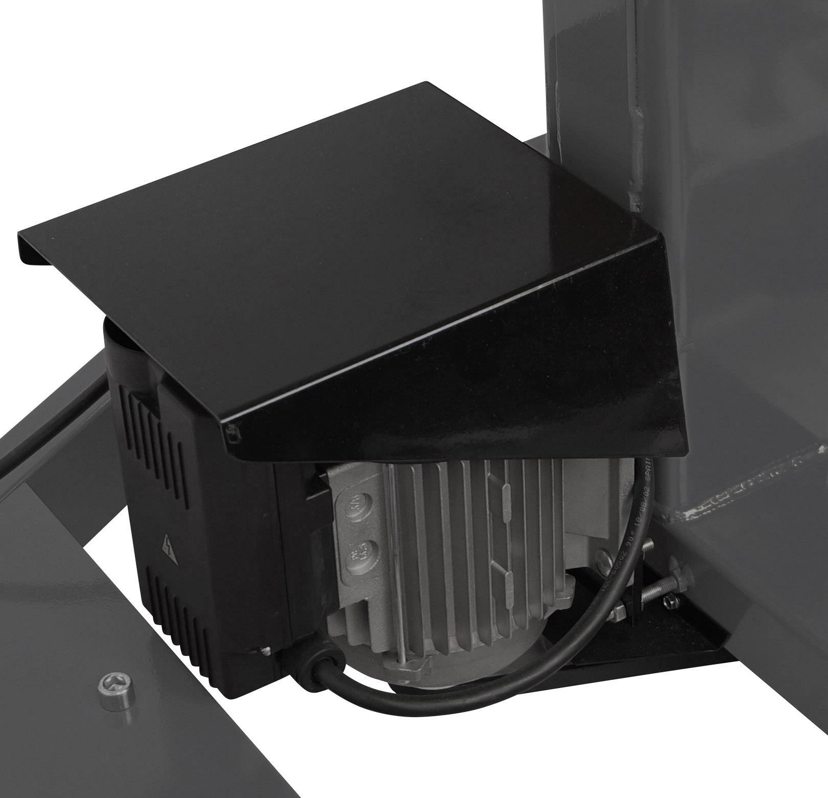 An electric motor with a black protective housing, mounted on a metallic structure.