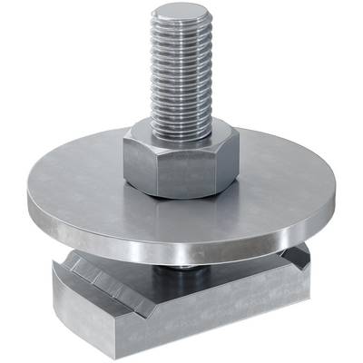 Metal bolt and nut tightening a round press plate over a rectangular base, showing a clamping or compression assembly.