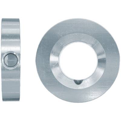 Silver metal washer shown from side and top views, with a small central hole and a notch at the inner edge.