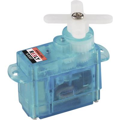 A blue analogue servo with a white cross horn on top. Model number 'S 0301' by the brand Reely.