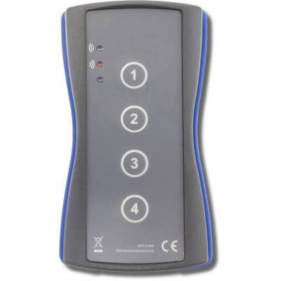 'Radio remote control with four numbered buttons from 1 to 4, two LED indicators in the top left and CE marking in the bottom right.'