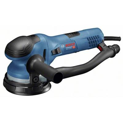 A blue orbital sander with a black handle and a red-black power switch.