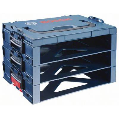 Blue Bosch L-Boxx in stacking holder with three compartments, each compartment containing an L-Boxx case. Suitable for tool organisation.