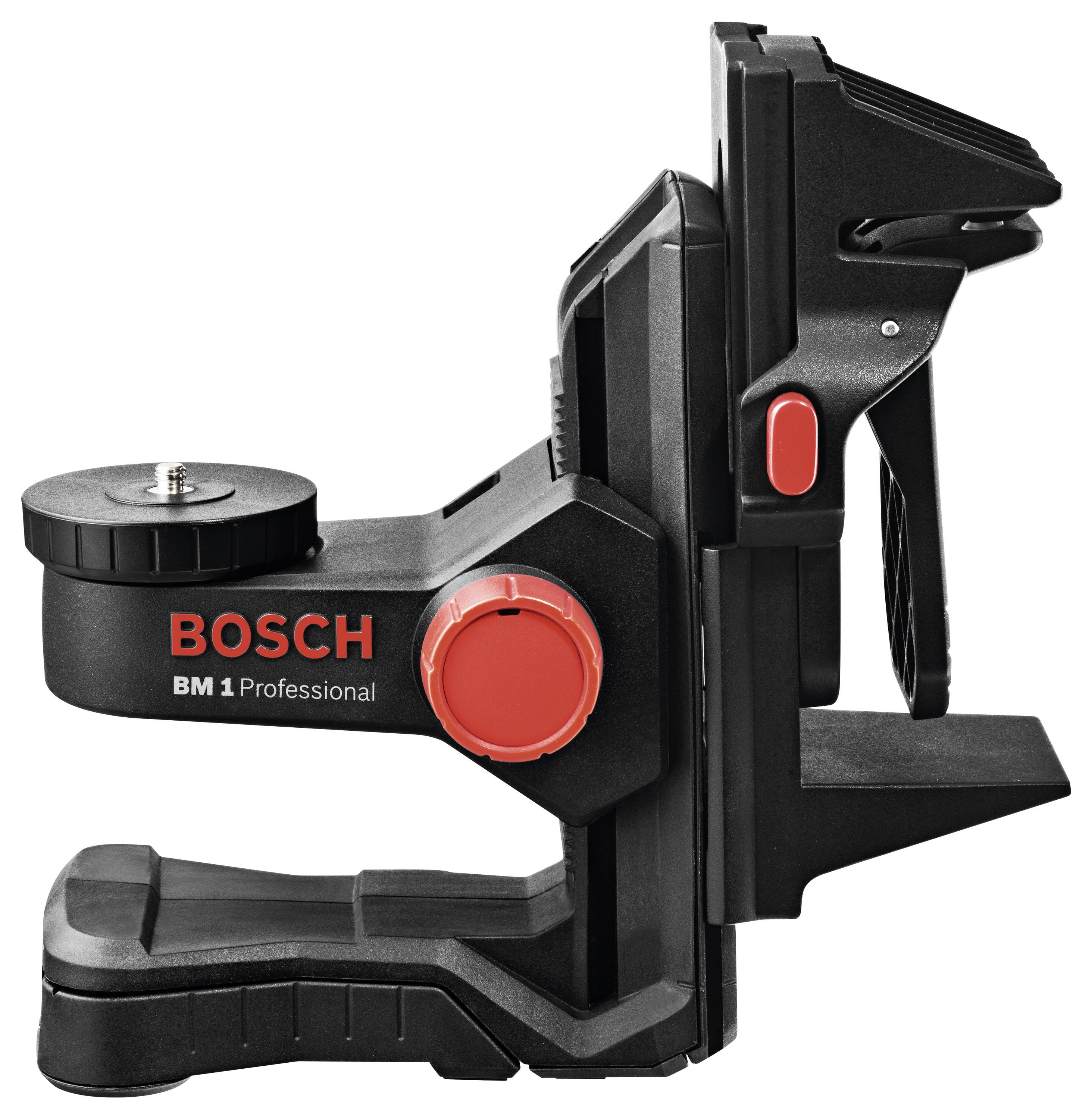 Mounting bracket for Bosch laser measuring devices, model 'BM 1 Professional', in black colour with red accents, side view.