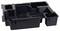 Black, rectangular plastic tray with various compartments for storing or organising items.