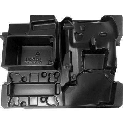 Black plastic mould with recessed areas and various shapes, potentially for packaging purposes or storage.