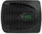 Black air purifier with an oval green display in the centre. Device shows operational status.