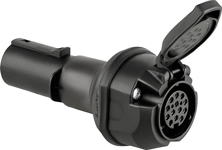 Black electric plug with an open cover revealing pin holes. Used for trailer connections.